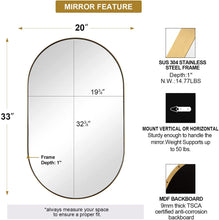 Load image into Gallery viewer, 20x33 Inch Gold Metal Frame Oval Mirror for Bathroom
